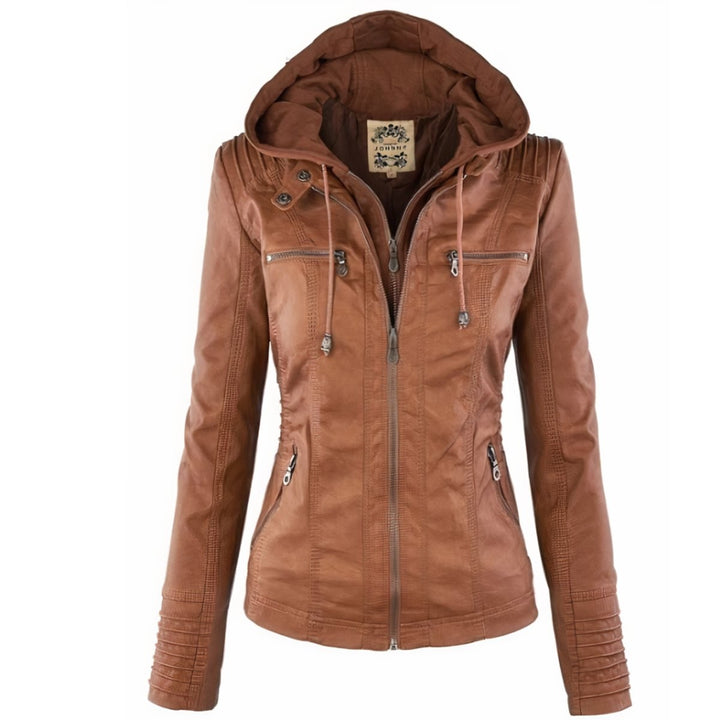 Cognac brown faux leather moto jacket with detachable hood and zip pockets