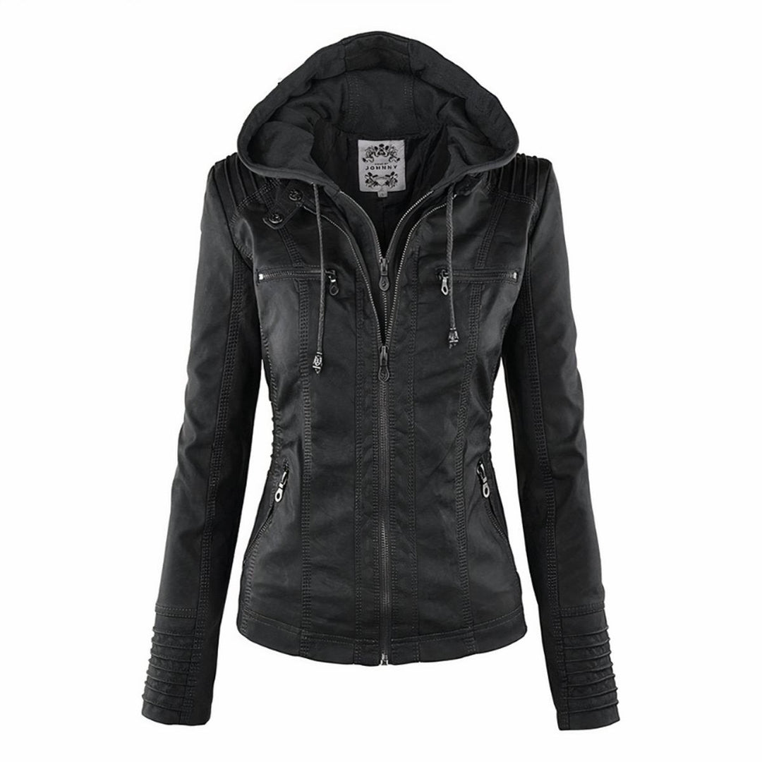 Black faux leather hooded jacket featuring quilted sleeves and front zippers