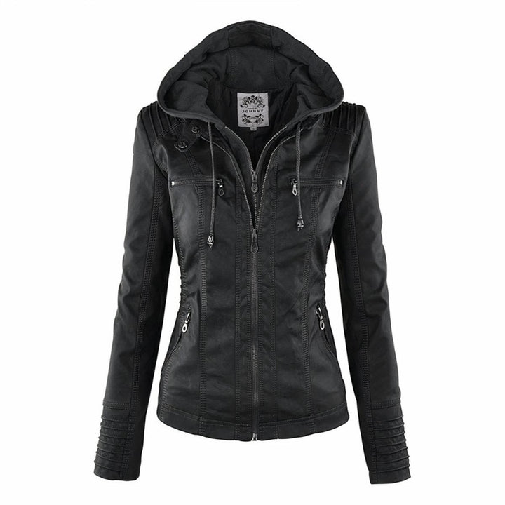 Black faux leather hooded jacket featuring quilted sleeves and front zippers