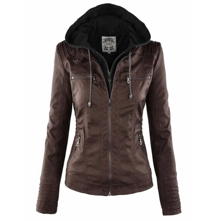 Brown faux leather moto jacket with contrasting black hood and zip detailing