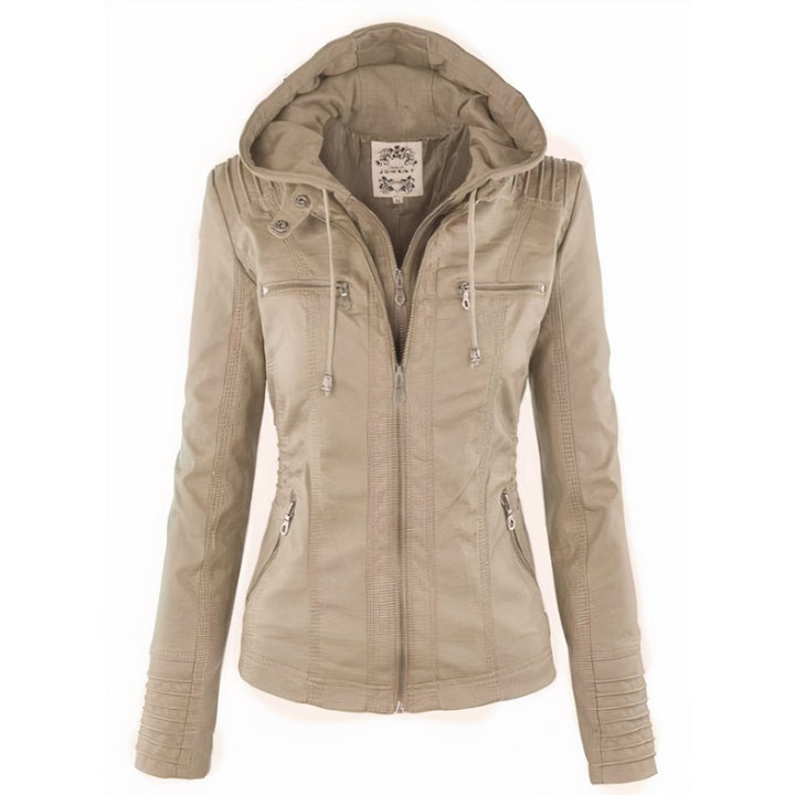 Taupe faux leather hooded jacket with drawstring collar and quilted cuffs