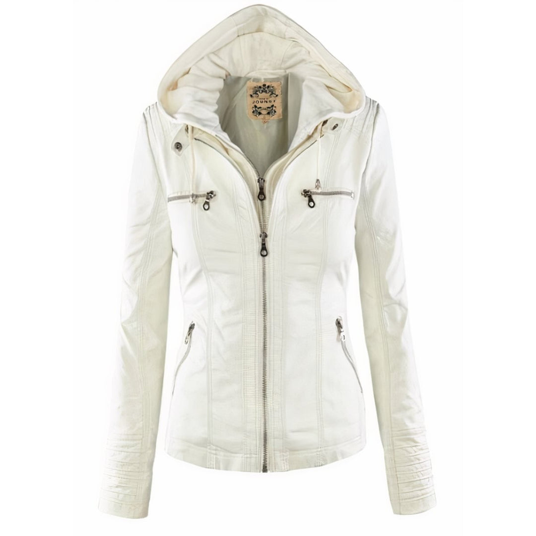 White faux leather moto jacket with removable hood and silver zip accents