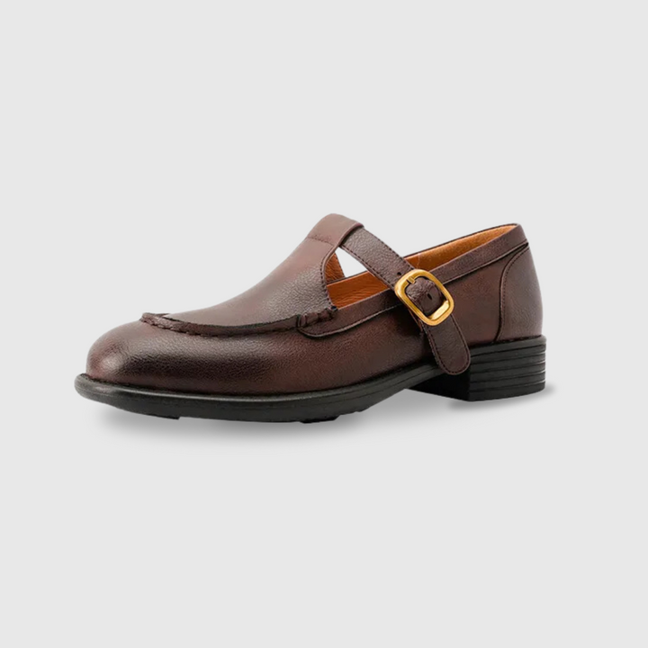 Dark brown leather Mary Jane shoe with round toe and low stacked heel, side view