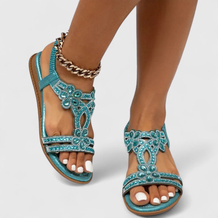 turquoise rhinestone flat sandal with floral jeweled T-strap design