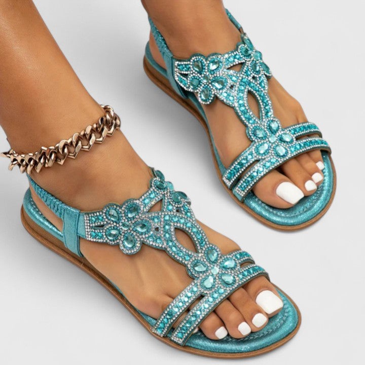 turquoise jeweled flat sandal with crystal floral T-strap detail