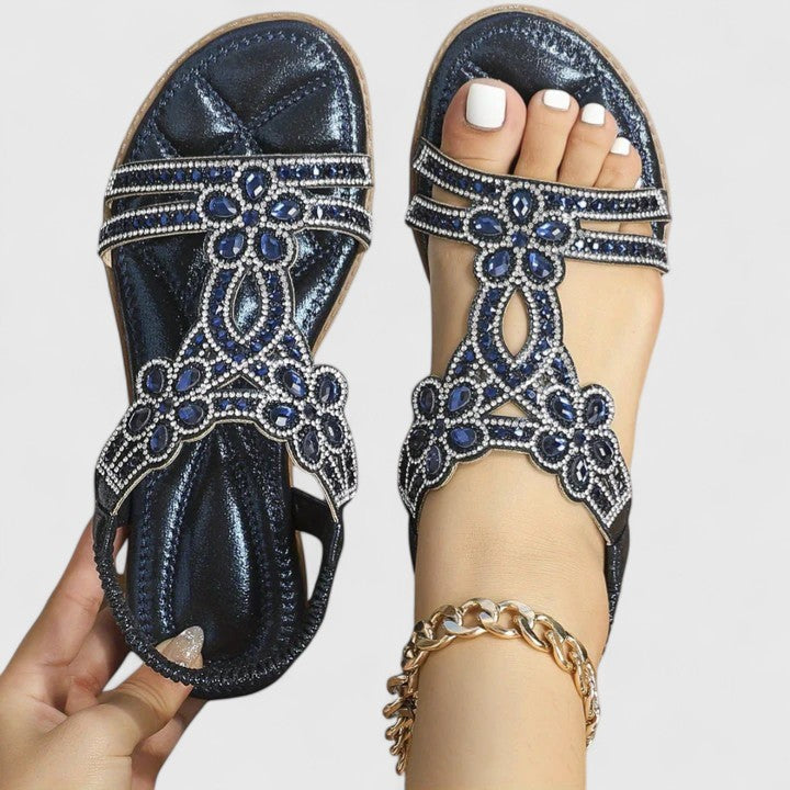 navy blue rhinestone flat sandal with crystal floral strap design