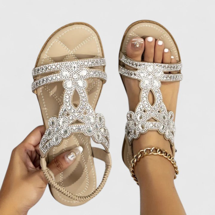 beige rhinestone flat sandal with crystal floral cutout design
