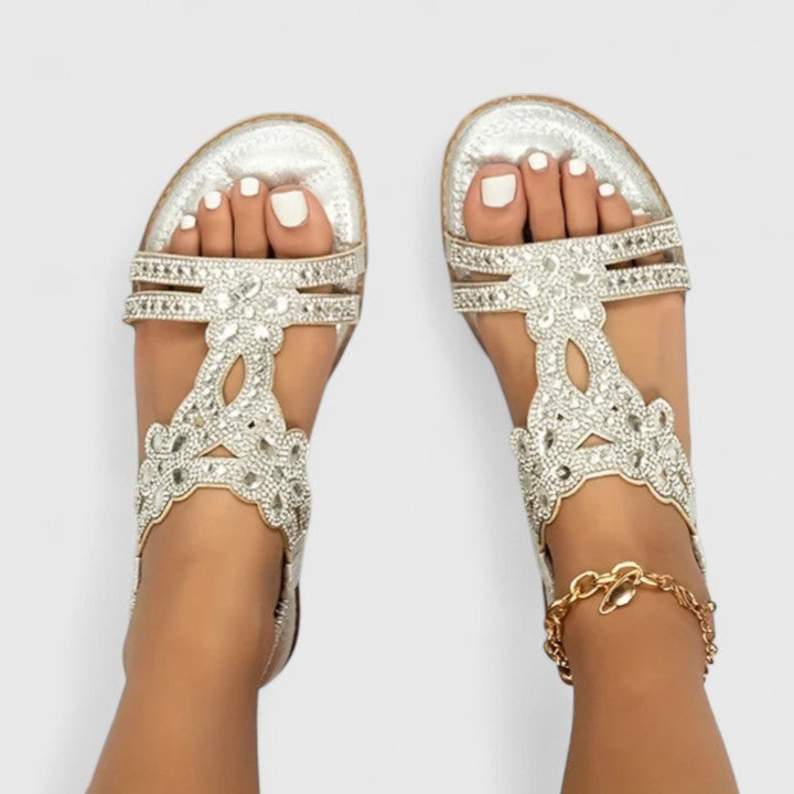 champagne metallic flat sandal with sparkly crystal floral strap