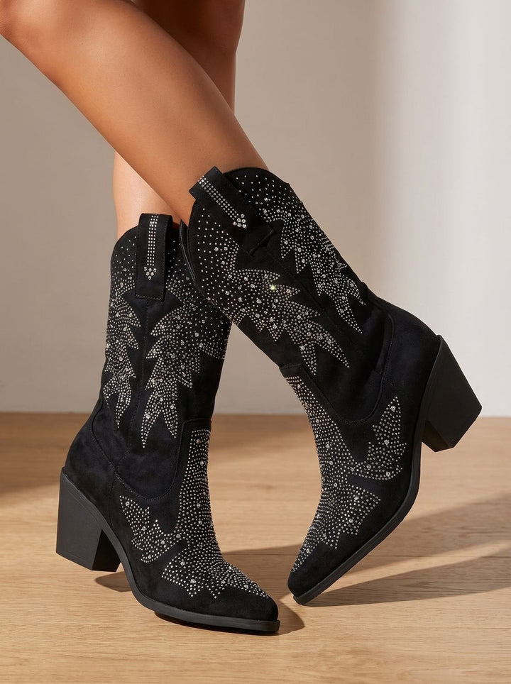 Black suede mid-calf cowboy boots with sparkly rhinestone star embellishments and block heel