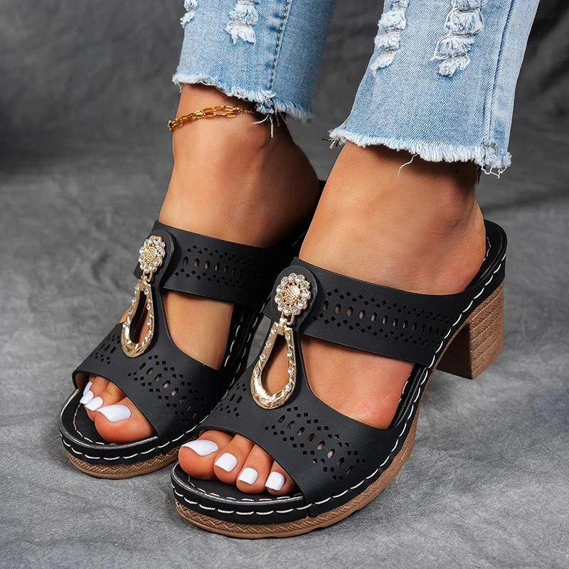 black chunky heel sandals with rhinestone buckle and laser-cut straps