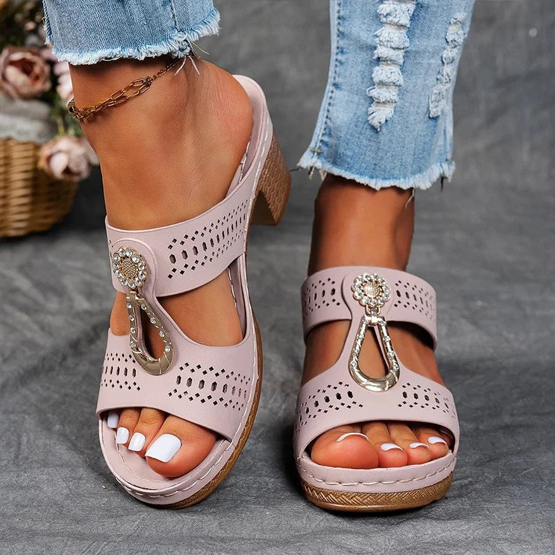 pink open-toe wedge sandals showing braided platform sole