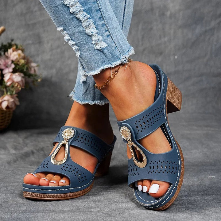 blue open-toe block-heel sandals with woven platform sole