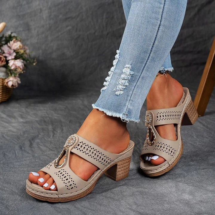 beige block-heel sandals with cutout design and metal accent