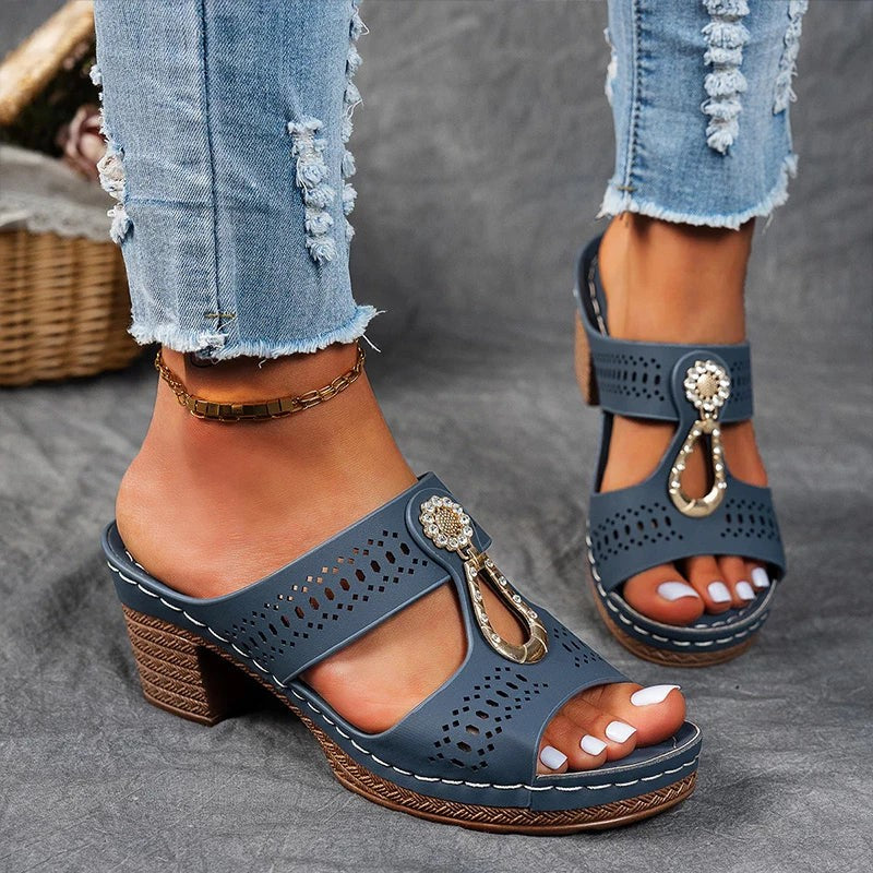 blue slip-on sandals with pearl-embellished T-strap and stacked heel