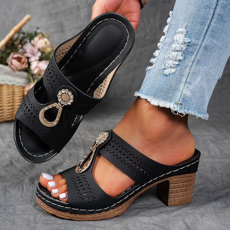 black platform sandals with crystal buckle and woven wedge heel
