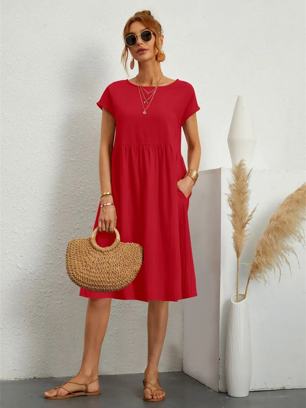 Red babydoll midi dress with short sleeves and relaxed casual fit