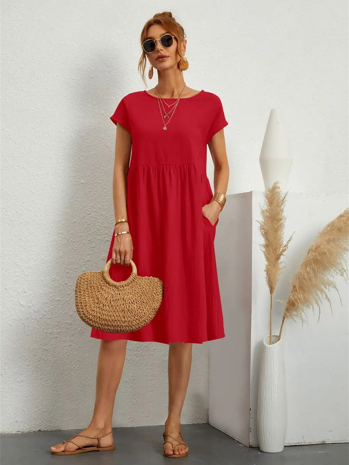 Red babydoll midi dress with short sleeves and relaxed casual fit