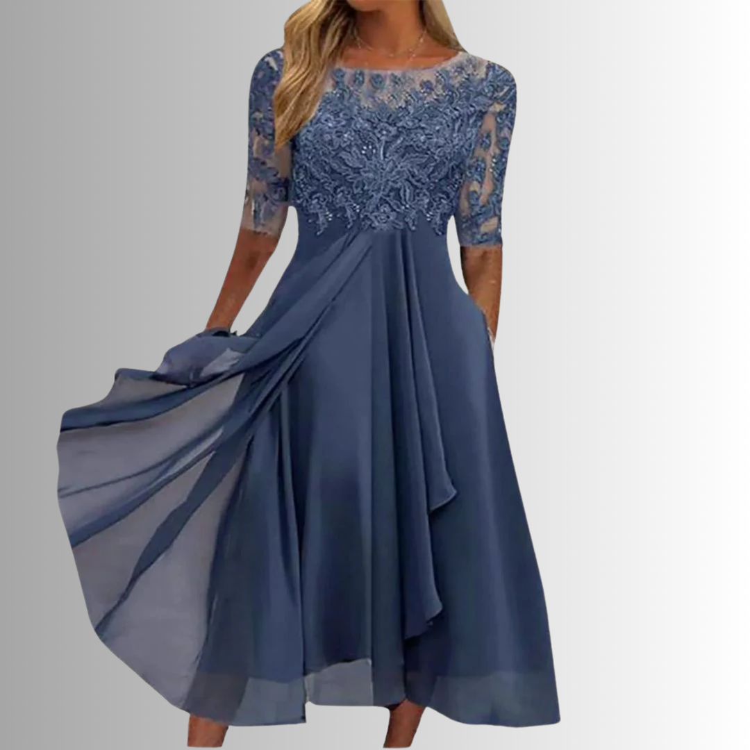 Slate blue lace bodice maxi dress with flowing chiffon skirt and half sleeves