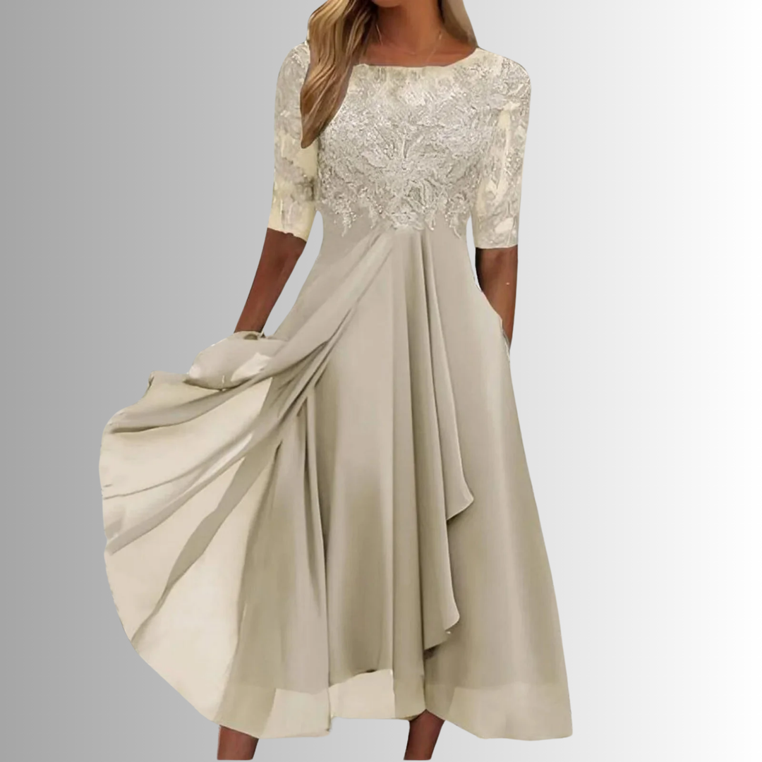 Ivory lace top midi dress with flowy chiffon skirt and half-length sleeves