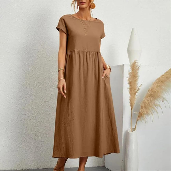 Camel brown maxi dress with cap sleeves and gathered waist detail
