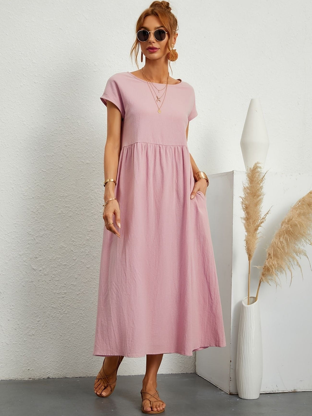 Dusty pink maxi dress with cap sleeves and relaxed A-line fit