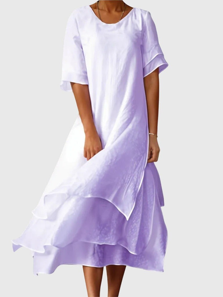 lavender tiered maxi dress with ruffled skirt and round neckline