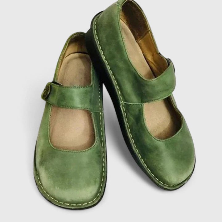 sage green suede Mary Jane orthopedic shoes with adjustable strap closure