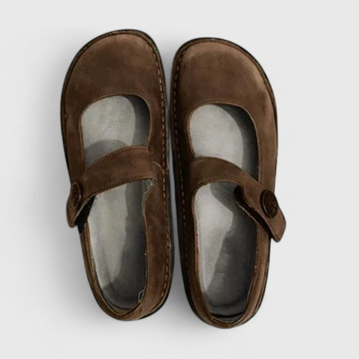 brown nubuck Mary Jane orthopedic shoes viewed from above showing button strap