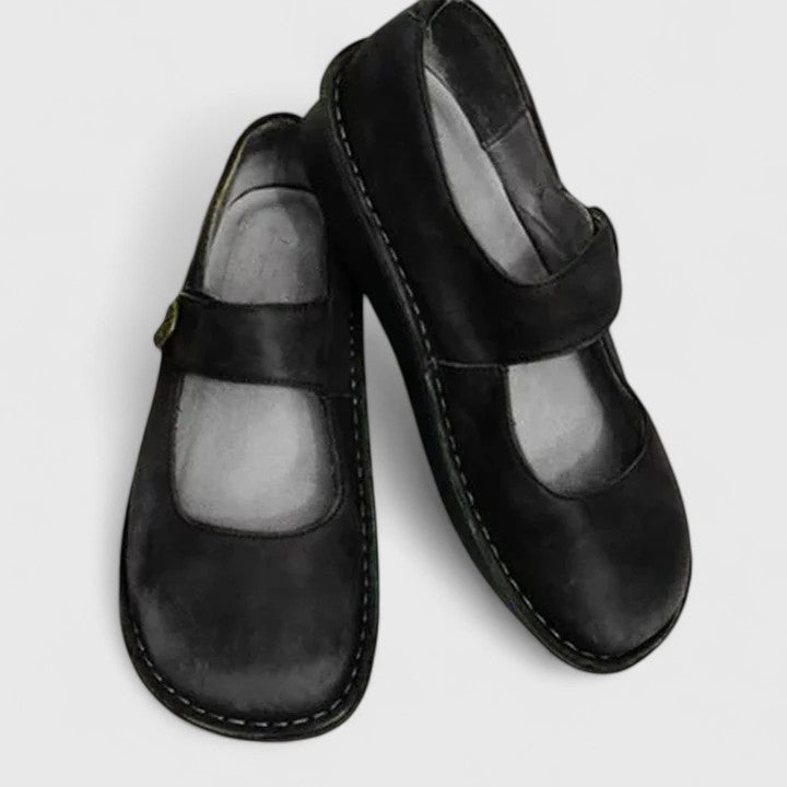 black suede Mary Jane orthopedic shoes with contrast stitched sole detail