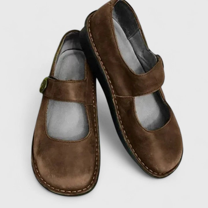 Brown suede Mary Jane orthopedic shoes with buckle strap detail