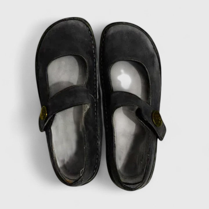 Top view of black suede Mary Jane orthopedic shoes with stitched trim