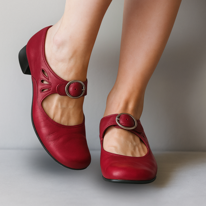 Burgundy leather Mary Jane shoes with silver buckle and cutout design