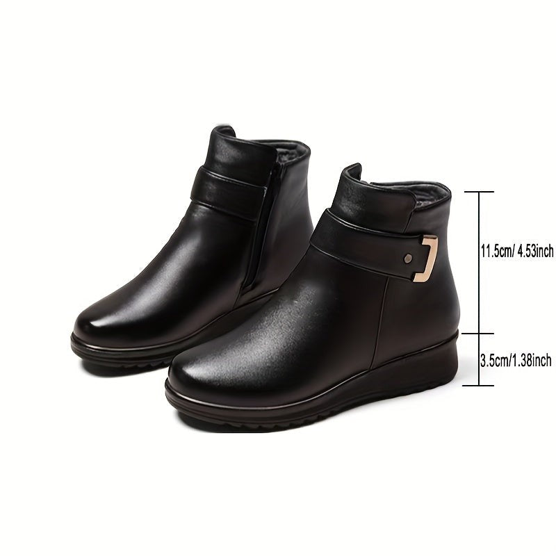 black ankle boots shown with heel height and platform sole measurements