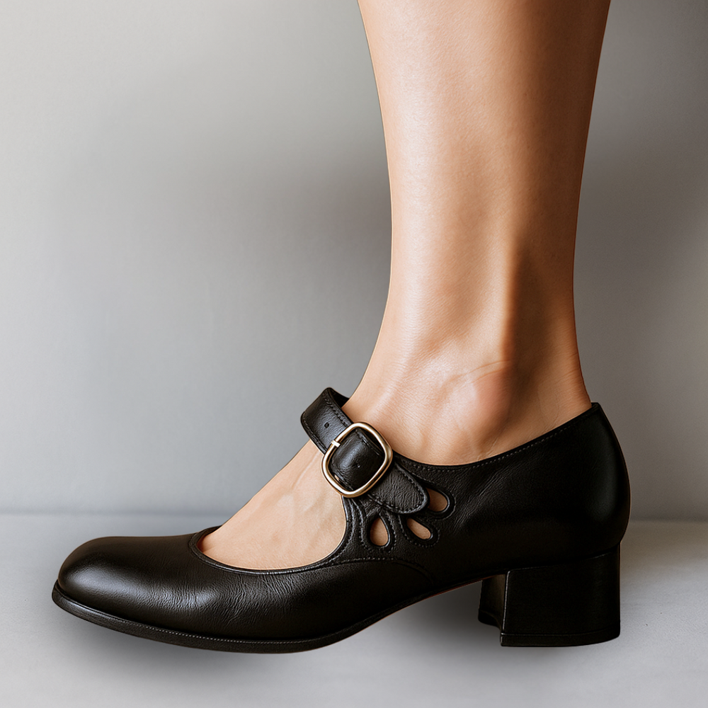 Black Mary Jane pump featuring low block heel and side cutout detail