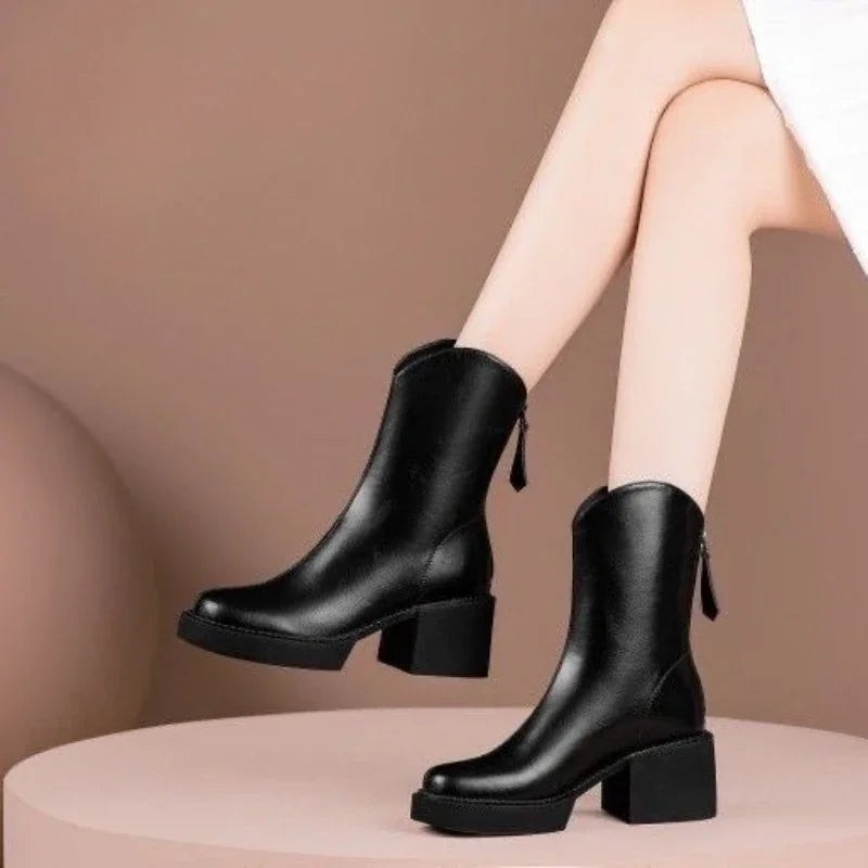 Black ankle boots with rounded toe and stacked block heel