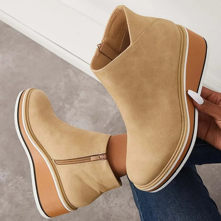 Tan suede-style ankle boots with side zipper and layered platform sole