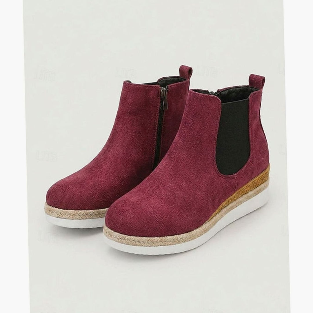 Burgundy suede wedge Chelsea ankle boots with elastic side gusset
