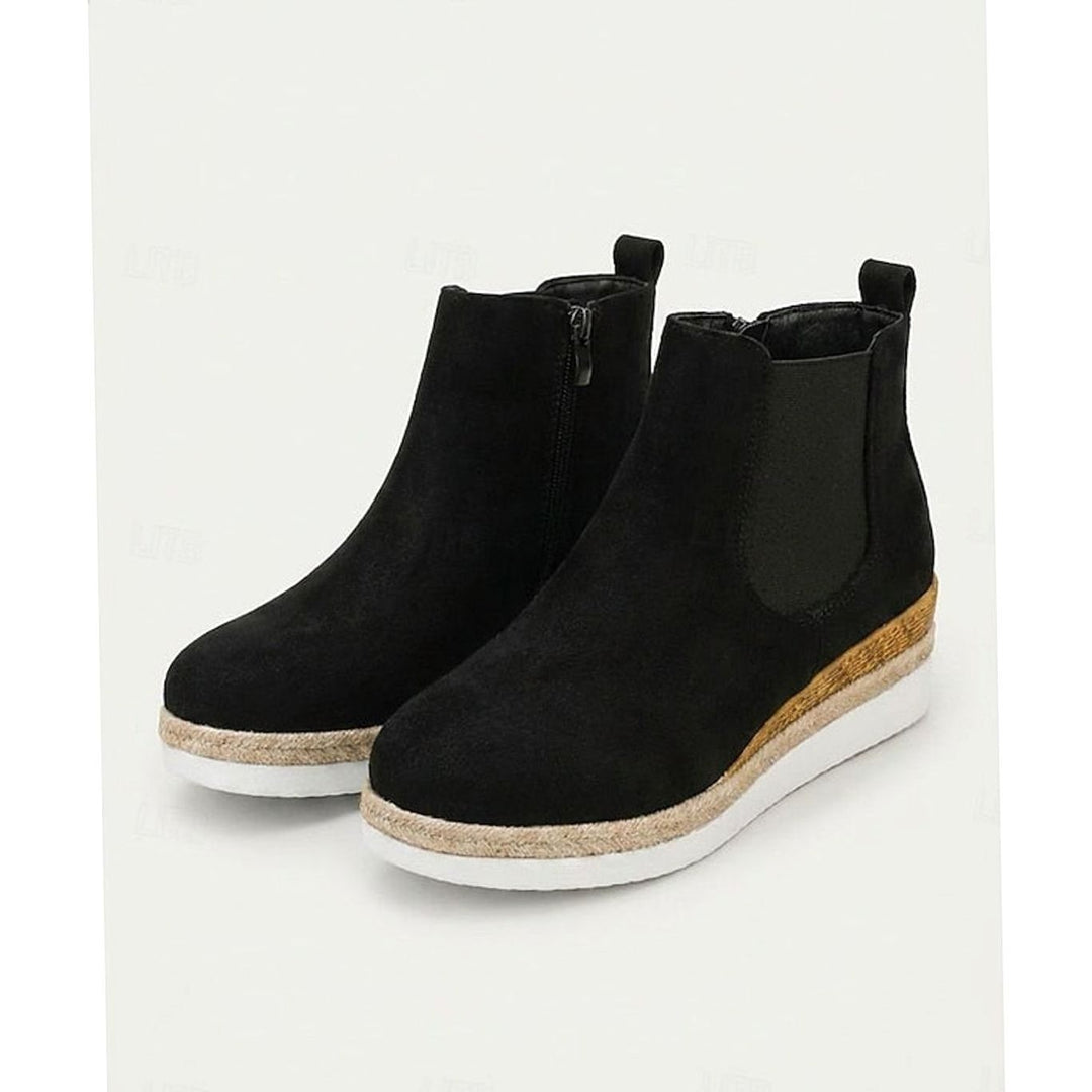 Black suede wedge Chelsea ankle boots with woven espadrille sole