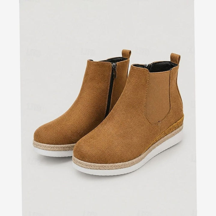 Tan suede wedge Chelsea ankle boots with side zip and espadrille sole