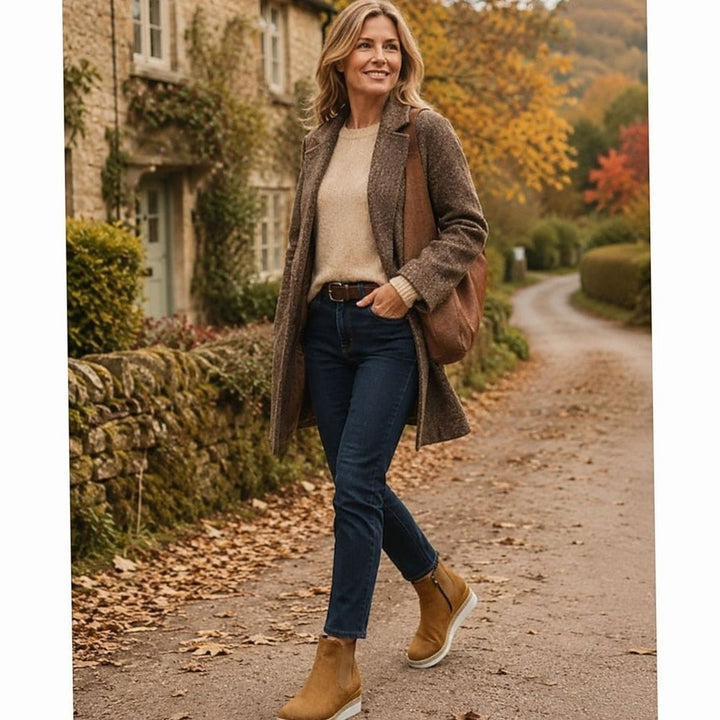 Tan suede wedge Chelsea boots styled with jeans and a wool coat