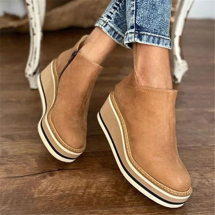 camel leather platform wedge ankle boots with striped rubber sole
