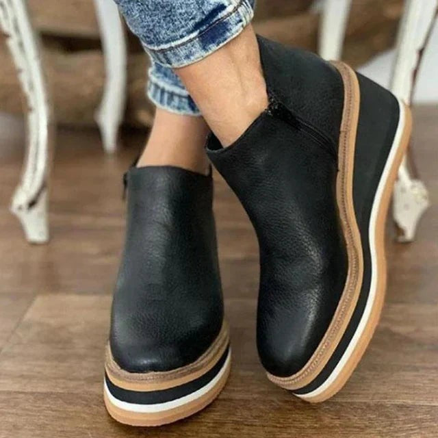 black leather wedge ankle boots featuring layered platform sole design
