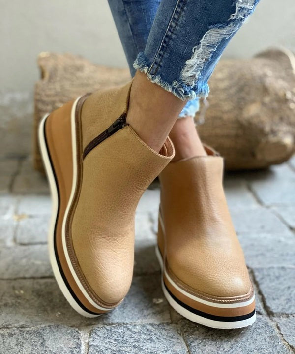 light brown leather ankle boots with chunky wedge platform outsole