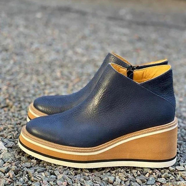 navy blue leather wedge ankle boots with tan striped platform sole