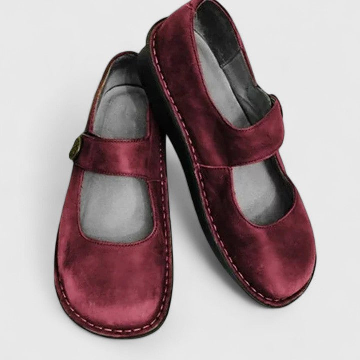 Burgundy suede Mary Jane orthopedic shoes with contrast stitching detail