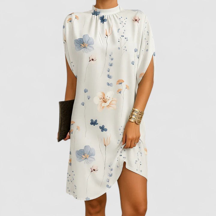 Floral print shift dress with mock neck and split cap sleeves