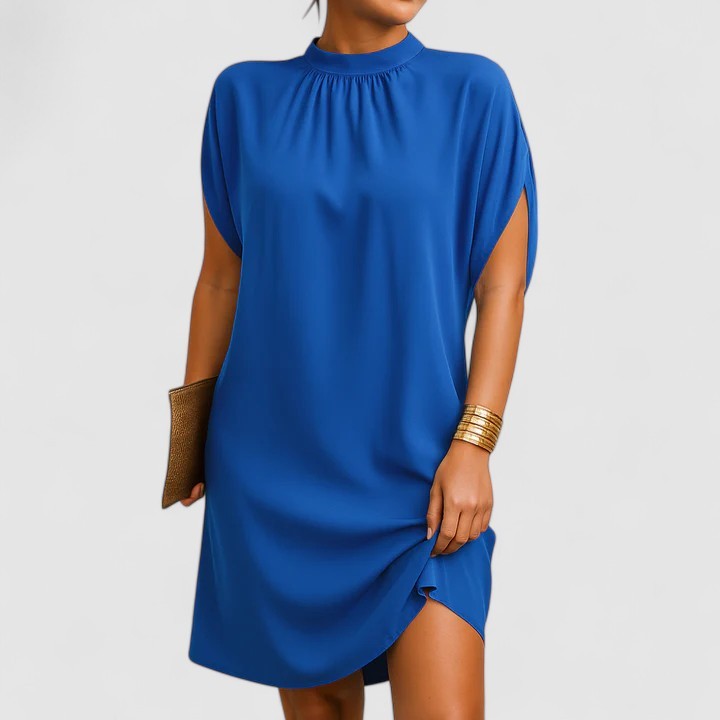Blue mock neck shift dress with split sleeves and rounded hemline