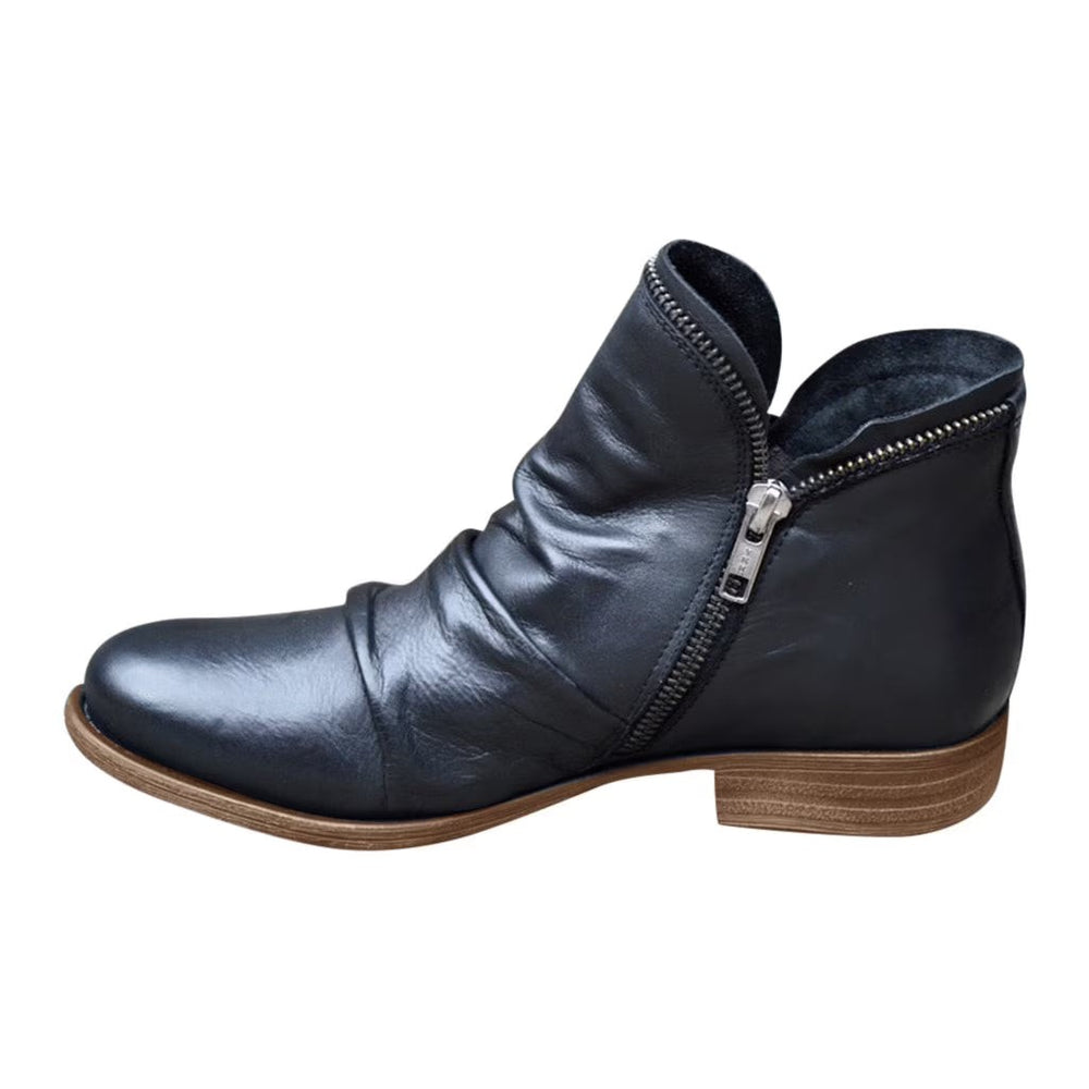 Black leather ankle boot featuring slouchy wrinkled shaft and dual zippers