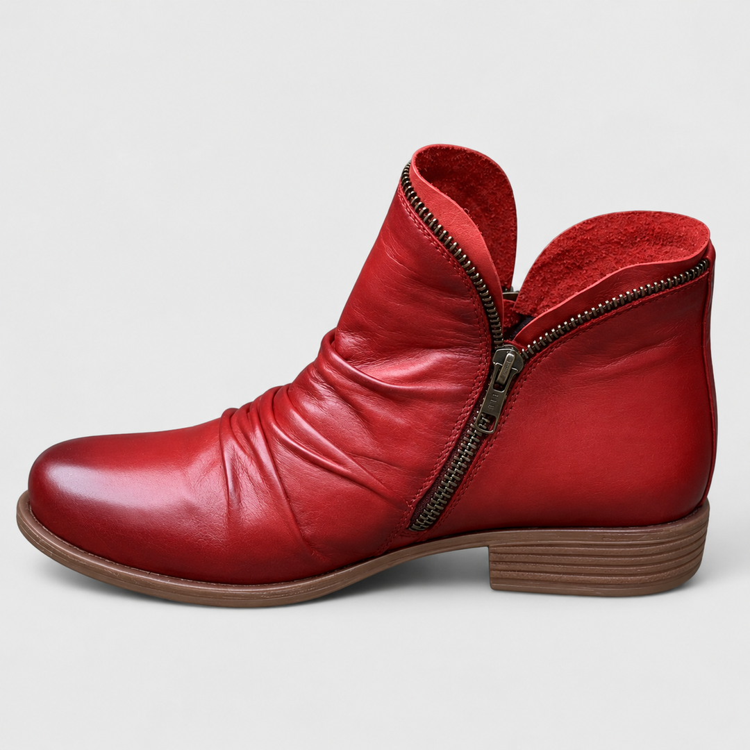 Red leather ankle boot with slouchy ruched design and stacked heel
