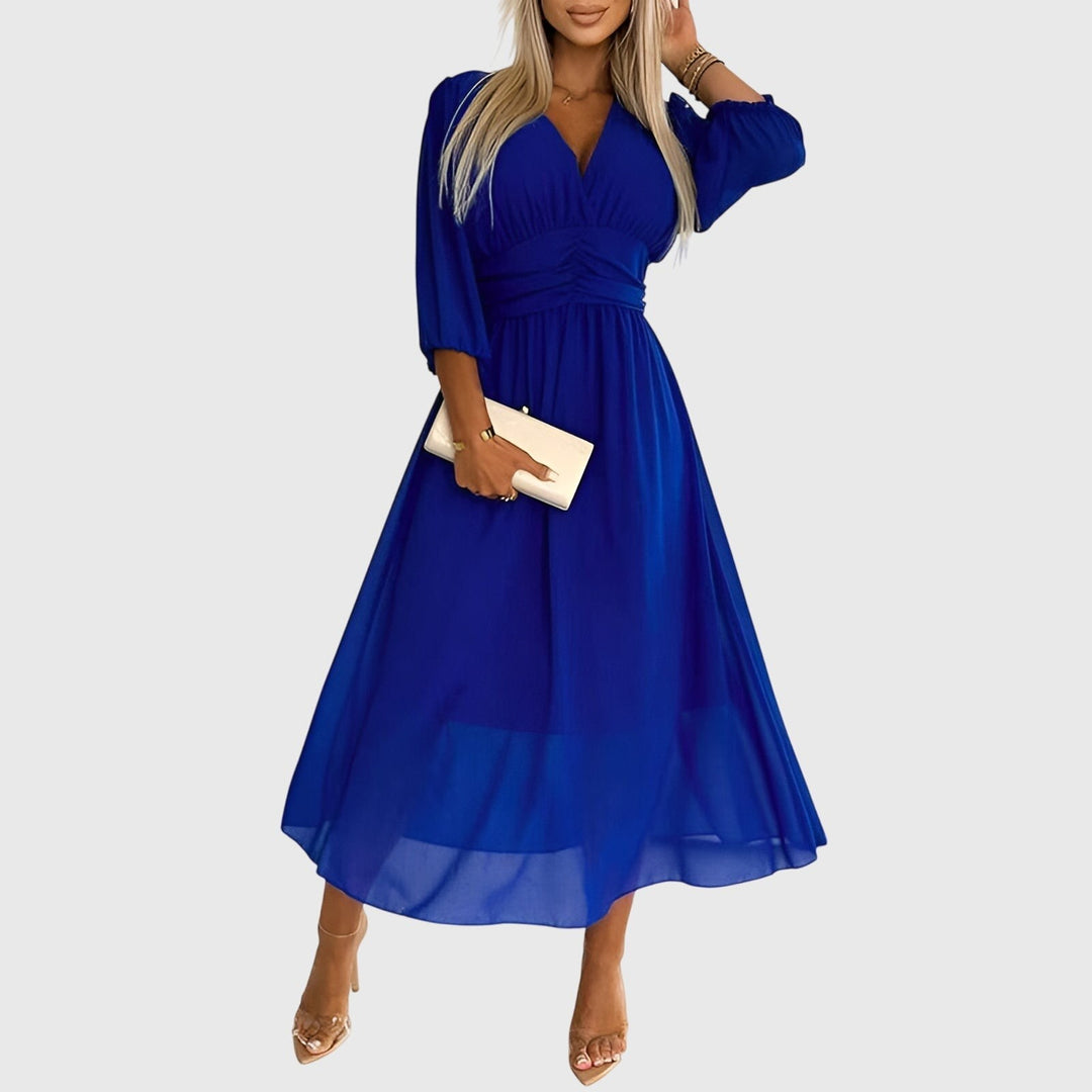 Royal blue chiffon midi dress with V-neck and ruched waist detail